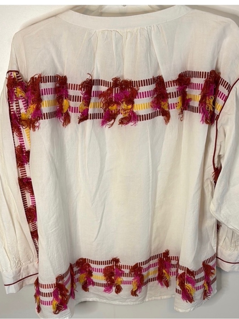 Roller Rabbit White Embroidered Tassel Peasant Top with Pink and Yellow Accents - Picture 3 of 3